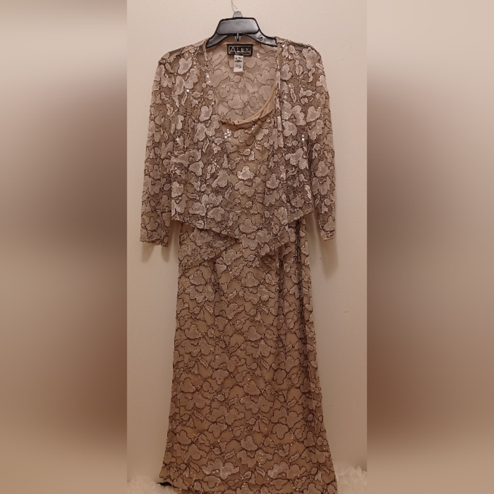 Alex Evenings Beige Lace Maxi Dress with Sheer Jacket